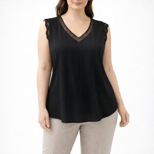Daniel Rainn Anessa Lace Trim Sleeveless Blouse XL Black V-Neck Boho Office Top